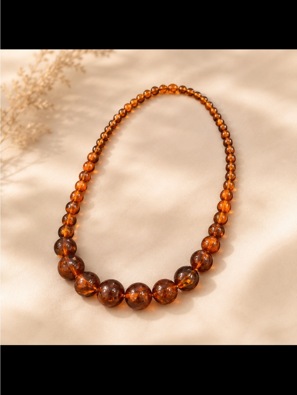 Vintage Style Amber- toned Graduated Beaded -Brown Cognac-  Necklace